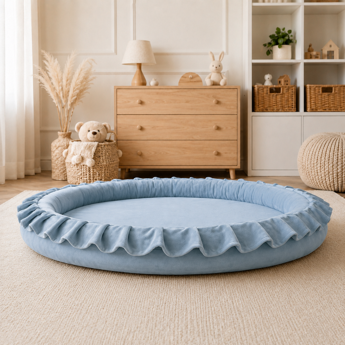 Wooden Twist Blue Velvet Baby Playmat on rug in nursery – additional lifestyle view