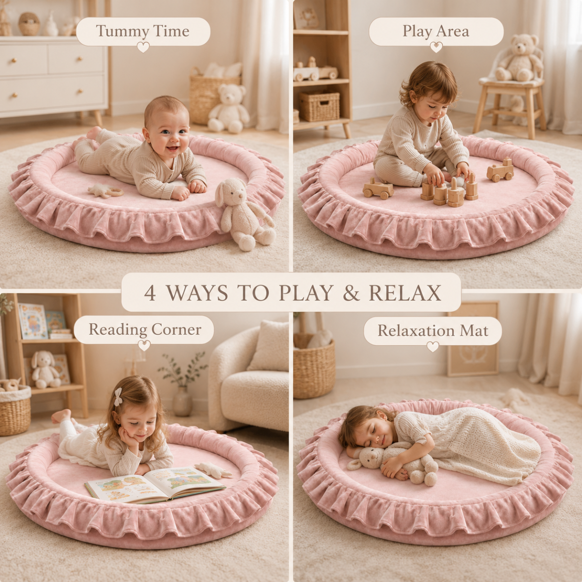 Wooden Twist Pink Velvet Baby Playmat feature callouts – tummy time, play area, reading corner, relaxation mat