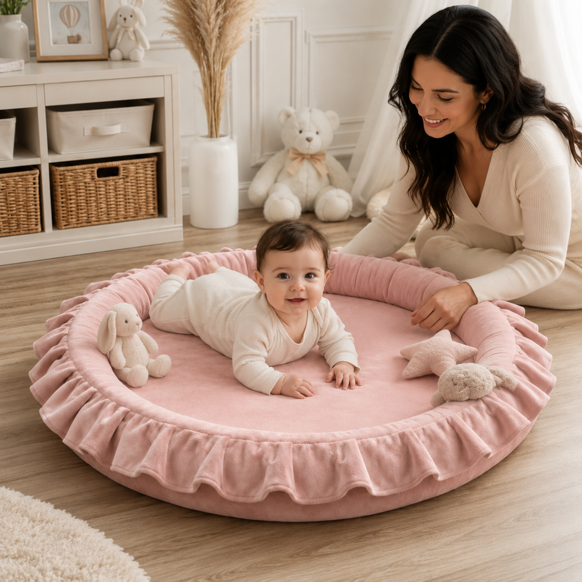 Baby playing on Wooden Twist Pink Velvet Baby Playmat with mother – lifestyle with model