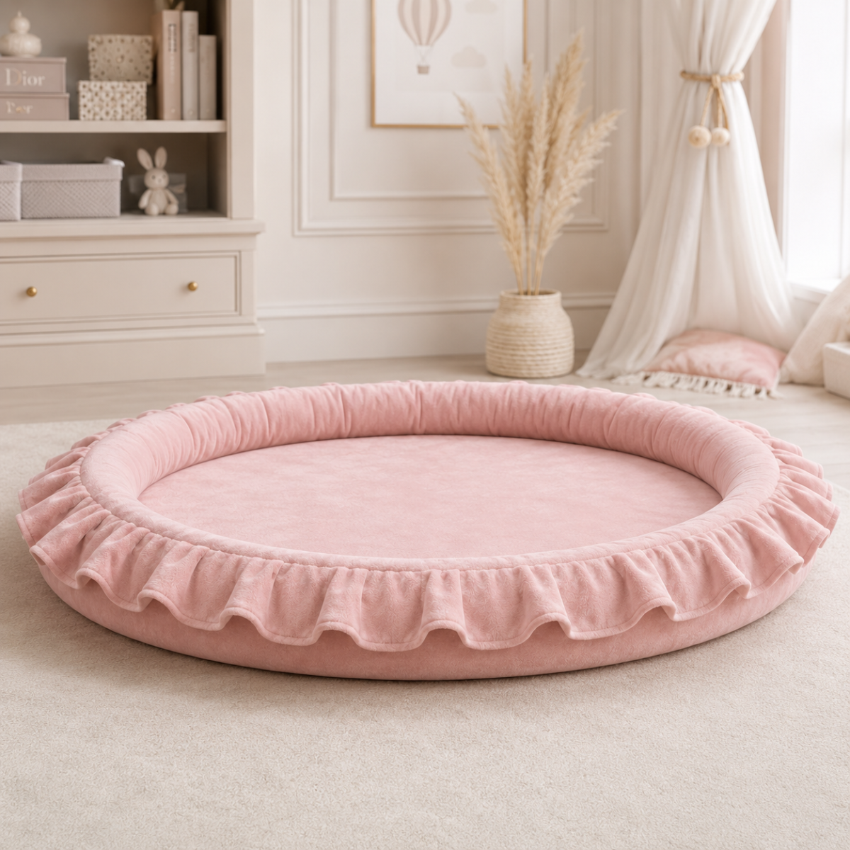 Wooden Twist Luxury Round Velvet Padded Baby Playmat in Pink – nursery lifestyle view