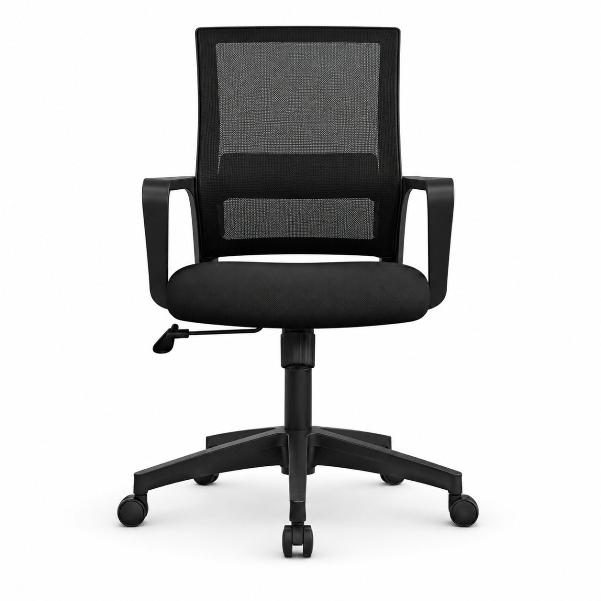 Wooden Twist ergonomic black mesh office chair on white background - front view