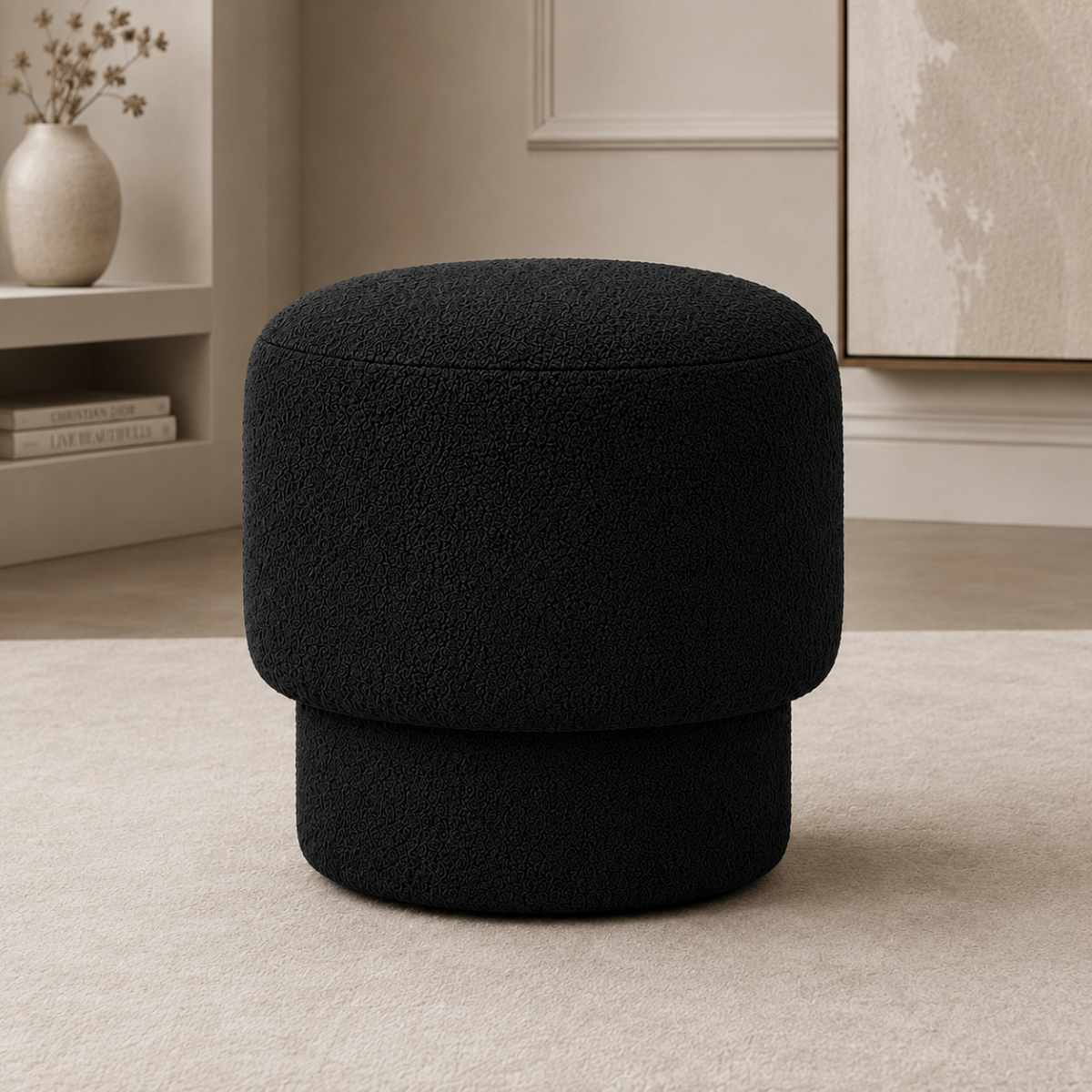 Wooden Twist Mushroom Bouclé Ottoman Stool in Black – additional lifestyle view