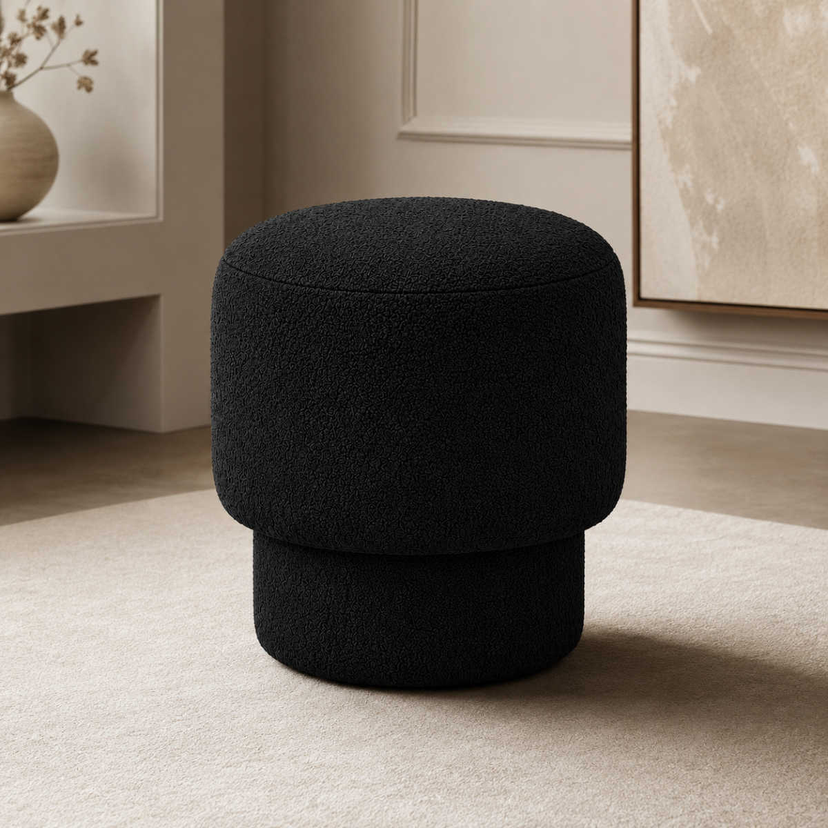 Wooden Twist Mushroom Bouclé Ottoman Stool in Black – additional lifestyle view