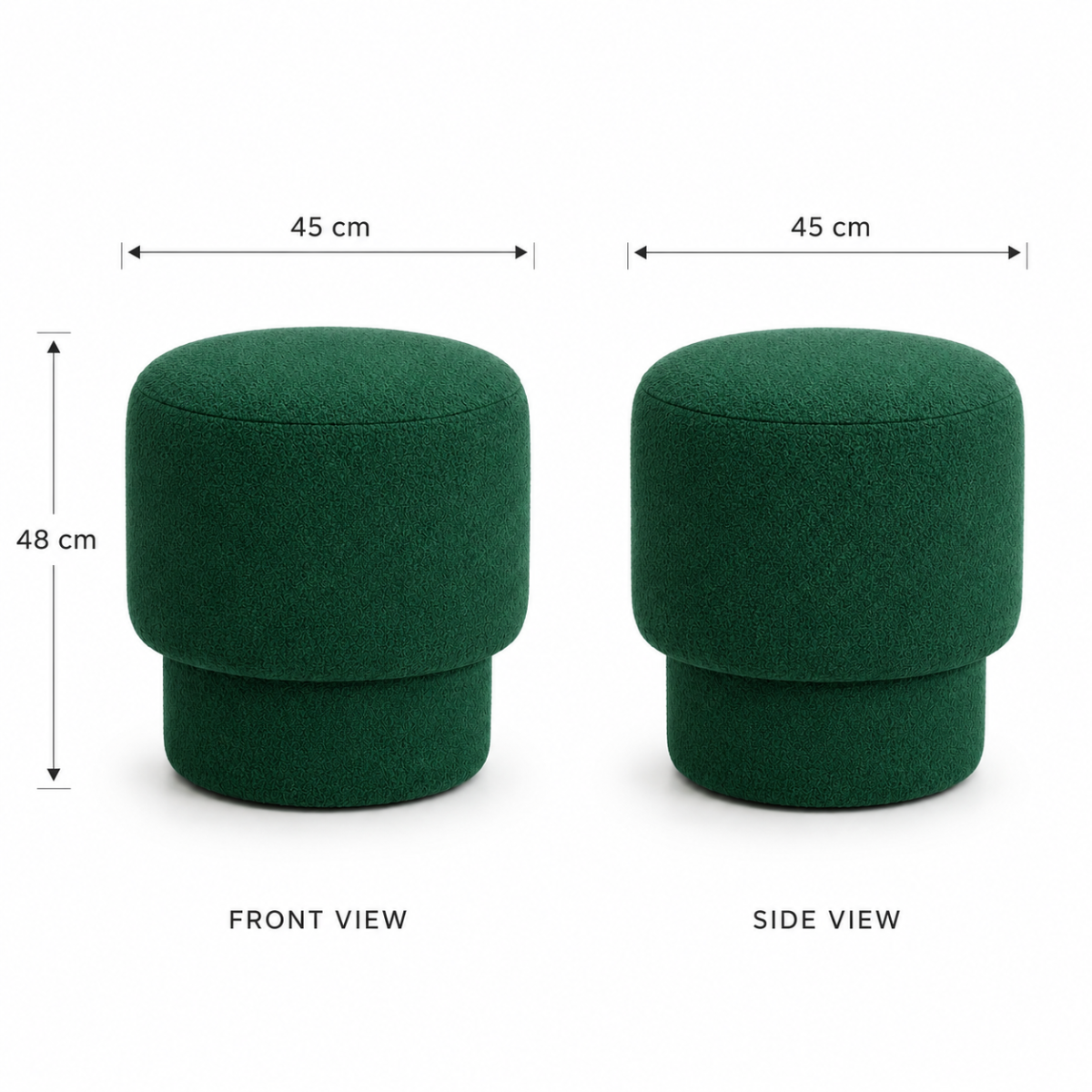 Wooden Twist Mushroom Bouclé Ottoman Stool in Green dimensions – 45 x 45 x 48 cm front and side view