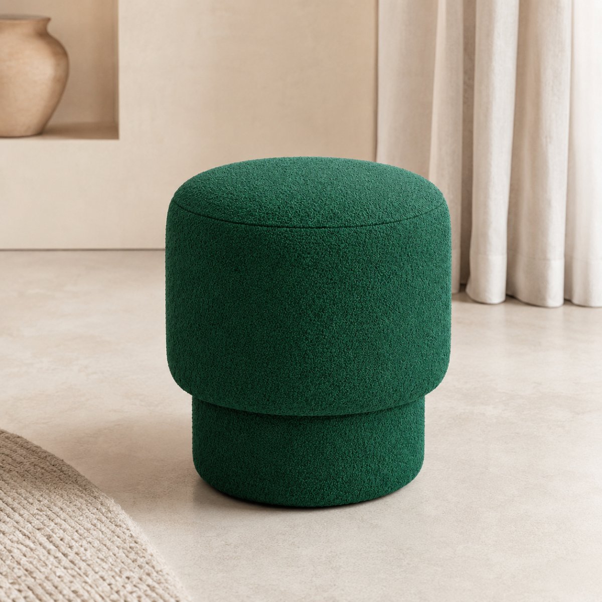 Wooden Twist Mushroom Bouclé Ottoman Stool in Green – additional lifestyle view