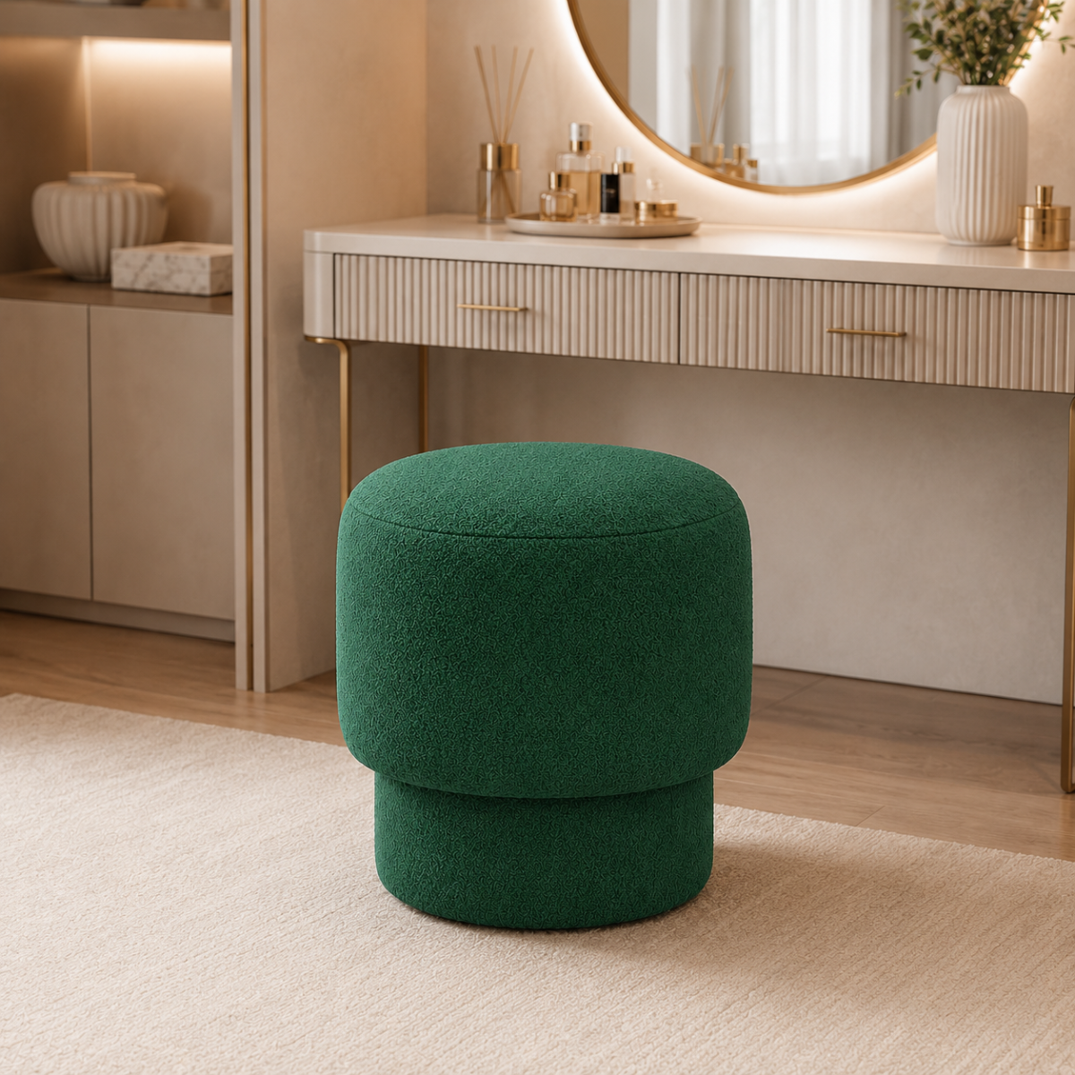 Wooden Twist Mushroom Bouclé Ottoman Stool with Thick Padded Seat in Green – lifestyle view
