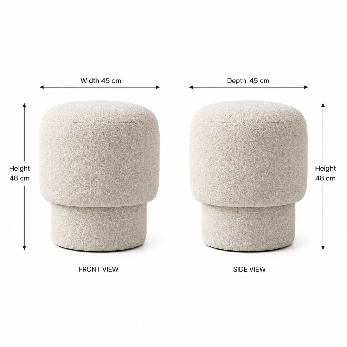 Wooden Twist Mushroom Bouclé Ottoman Stool in Off White dimensions – 45 x 45 x 48 cm front and side view