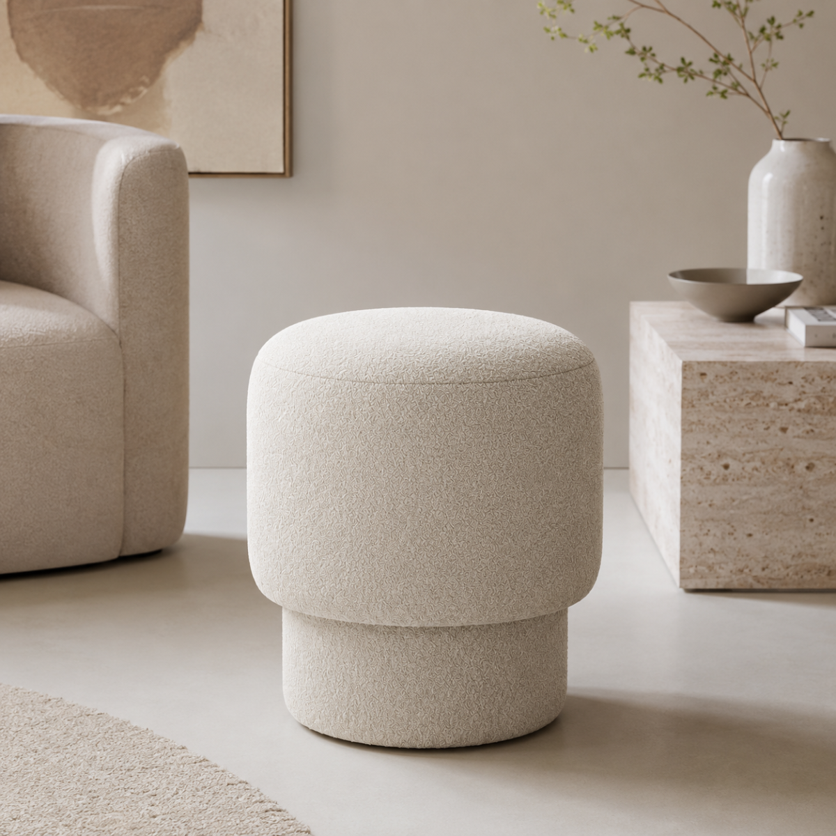 Wooden Twist Mushroom Bouclé Ottoman Stool in Off White – additional lifestyle view