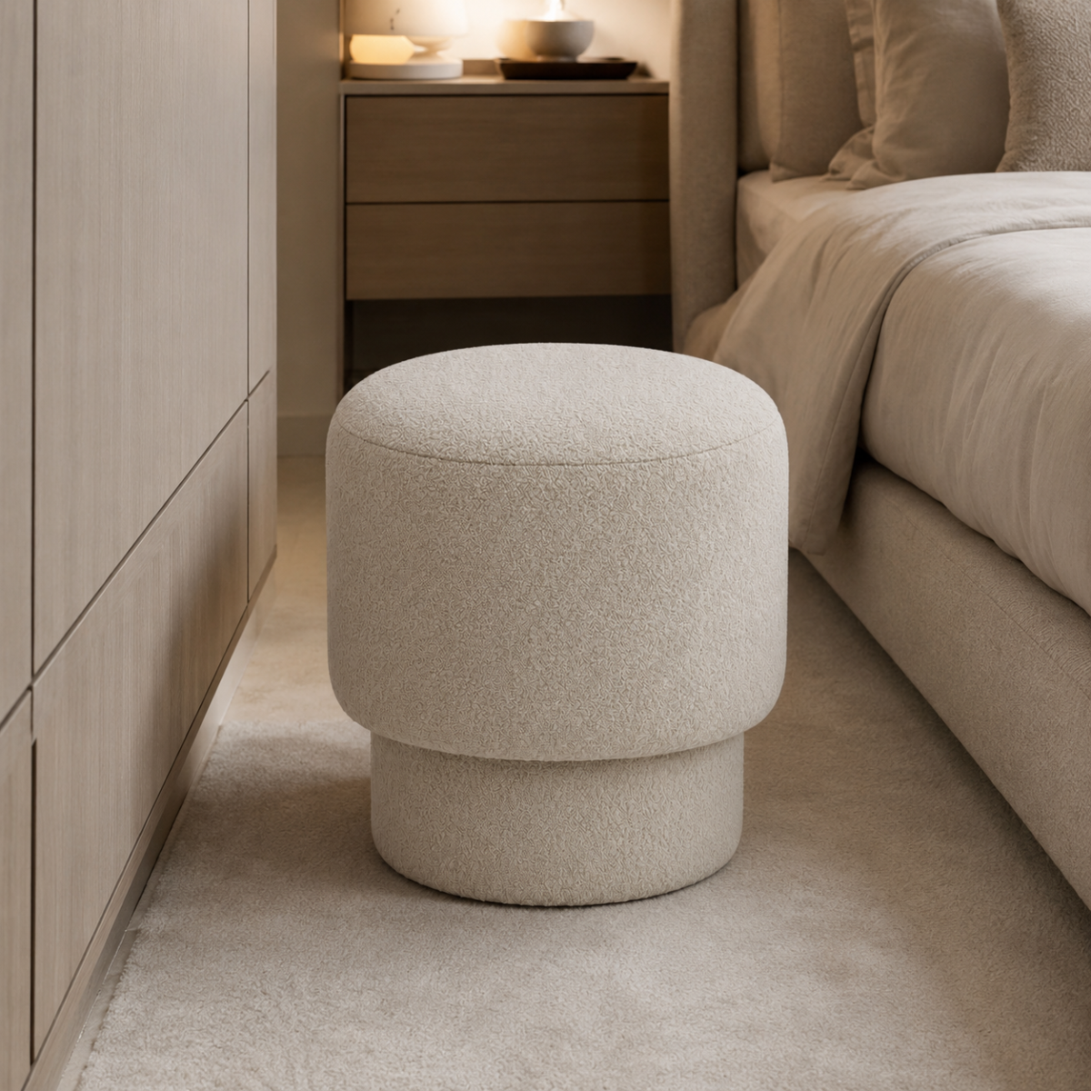 Wooden Twist Mushroom Bouclé Ottoman Stool in Off White – additional lifestyle view
