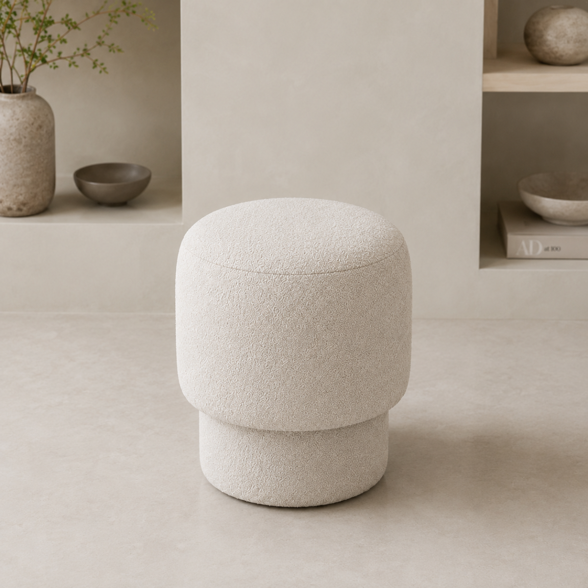 Wooden Twist Mushroom Bouclé Ottoman Stool in Off White – additional lifestyle view