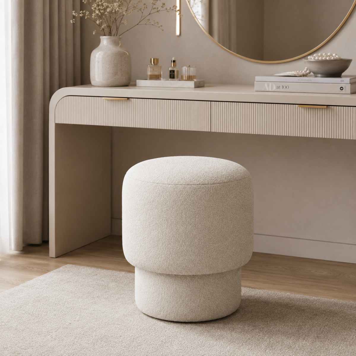 Wooden Twist Mushroom Bouclé Ottoman Stool with Thick Padded Seat in Off White – lifestyle view