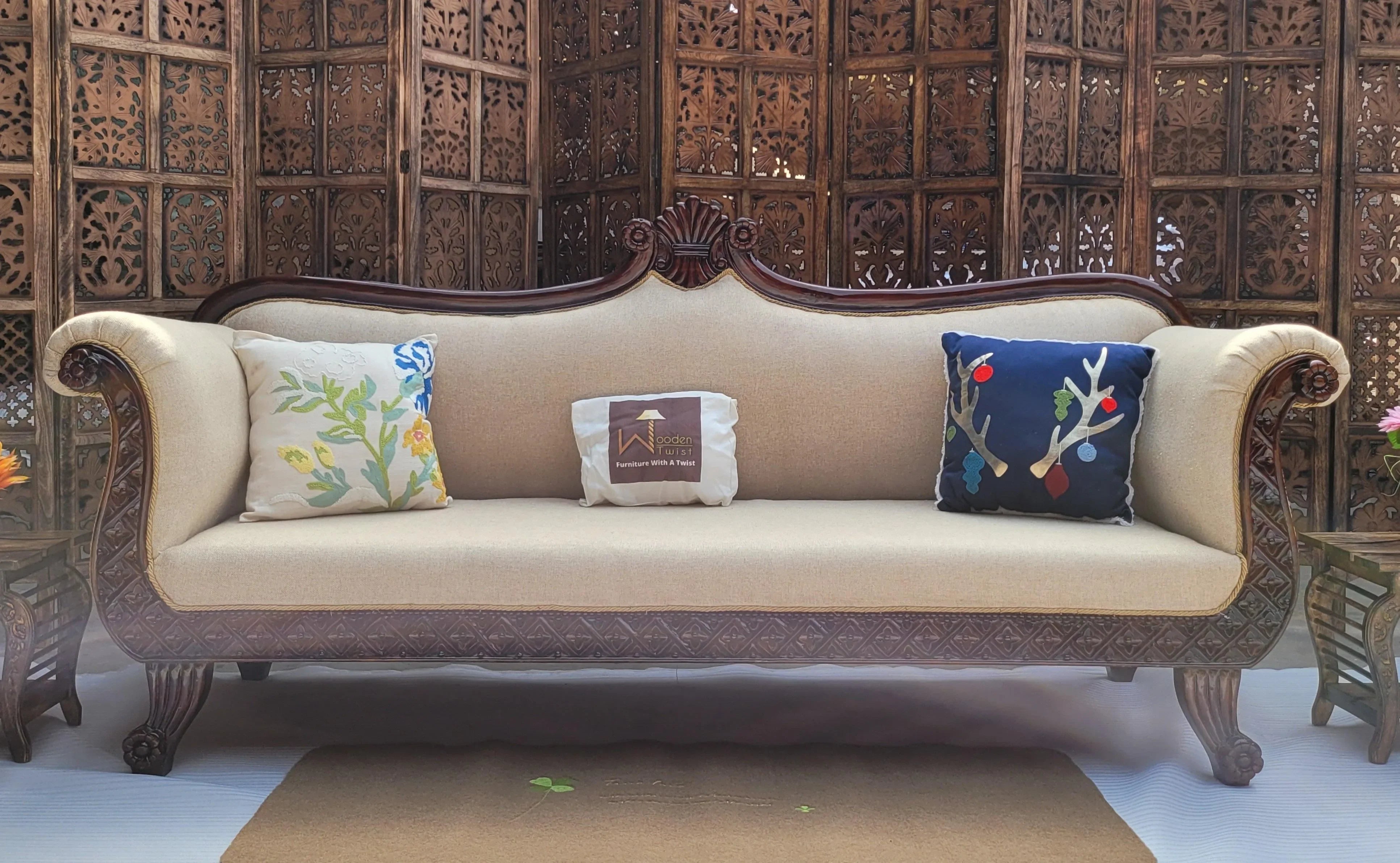Traditional Wooden 3 Seater Couch for Home & Office Chaise Lounge Settee (Teak Wood) - WoodenTwist