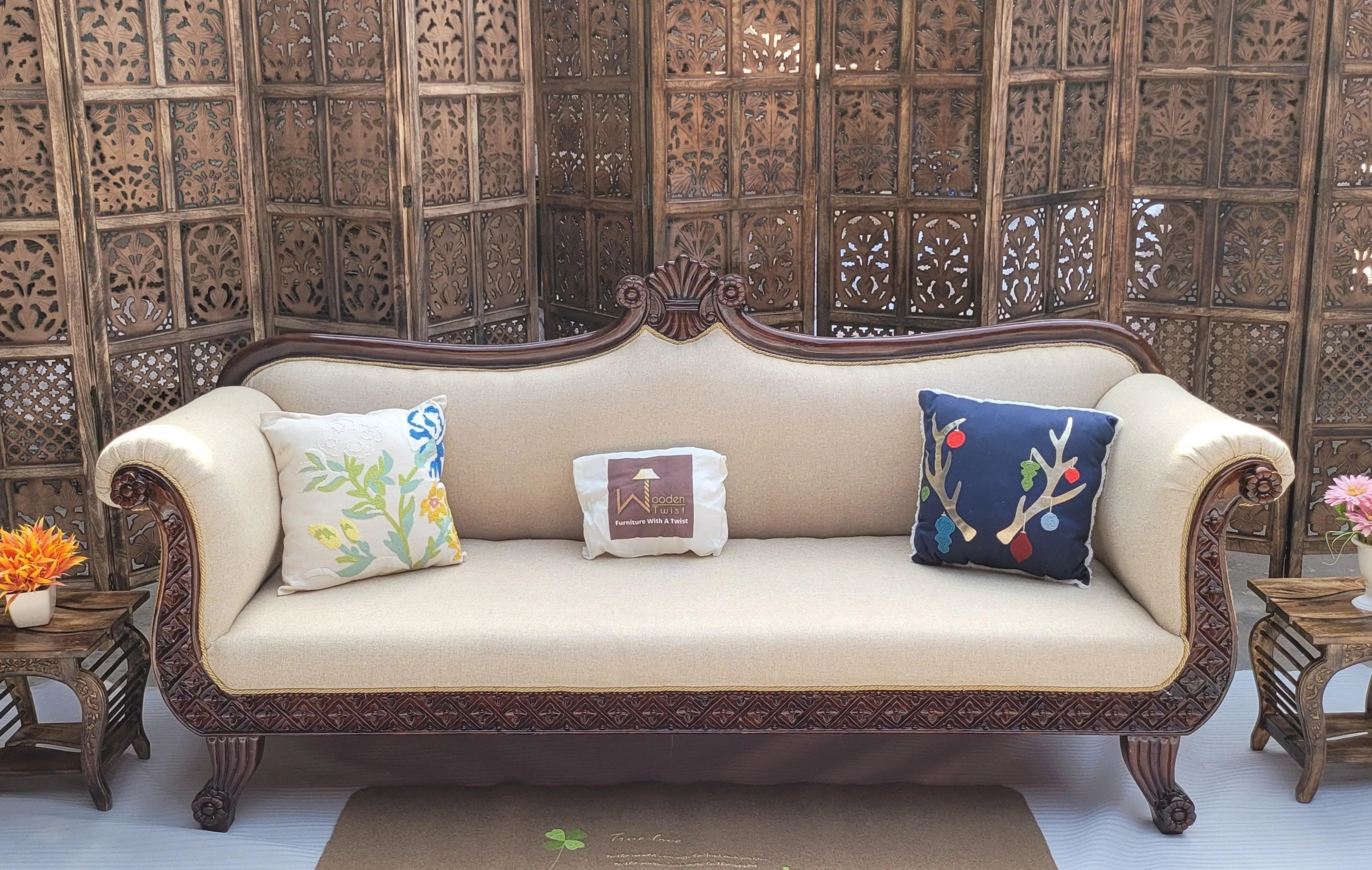 Traditional Wooden 3 Seater Couch for Home & Office Chaise Lounge Settee (Teak Wood) - WoodenTwist