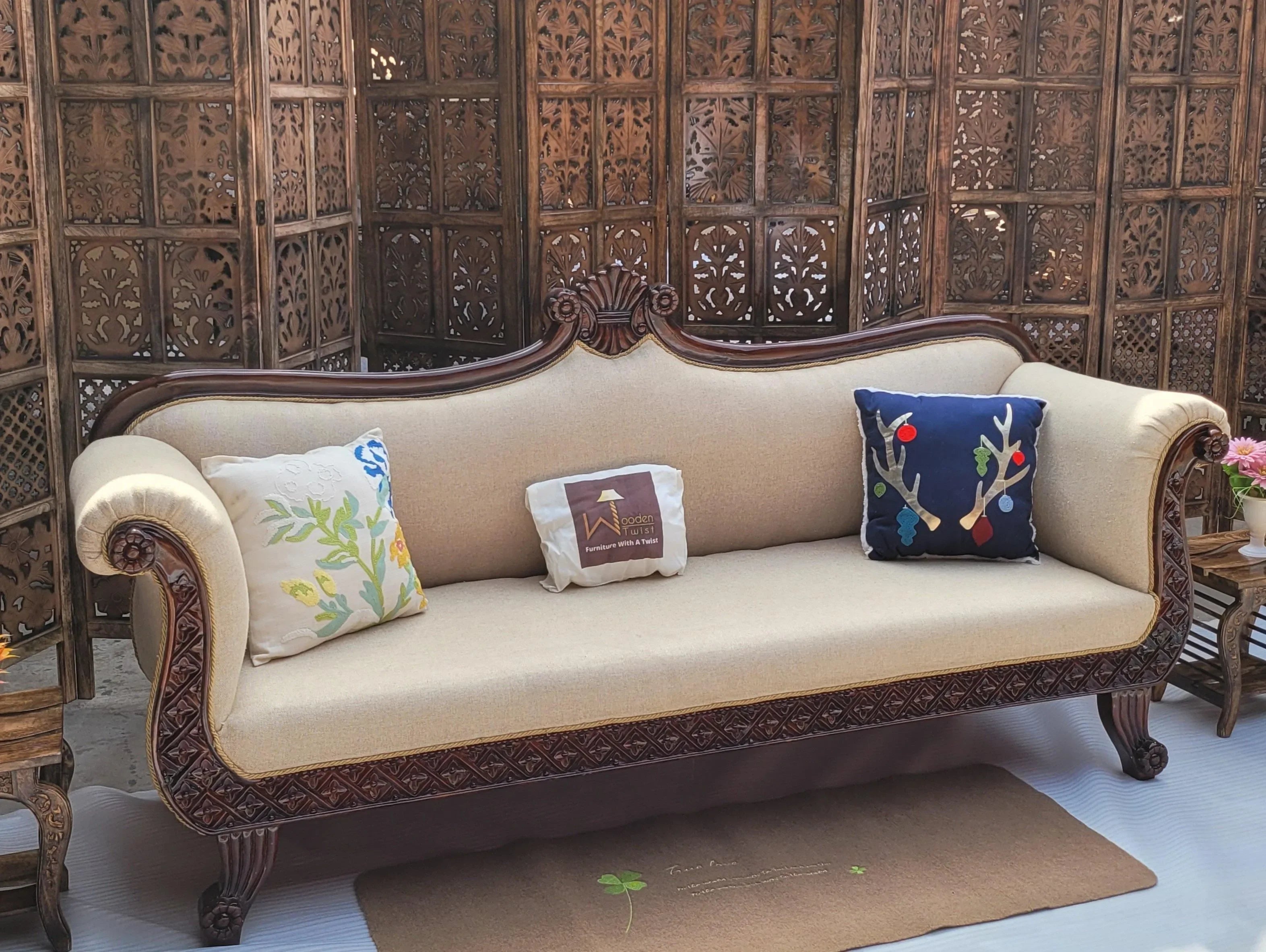 Traditional Wooden 3 Seater Couch for Home & Office Chaise Lounge Settee (Teak Wood) - WoodenTwist