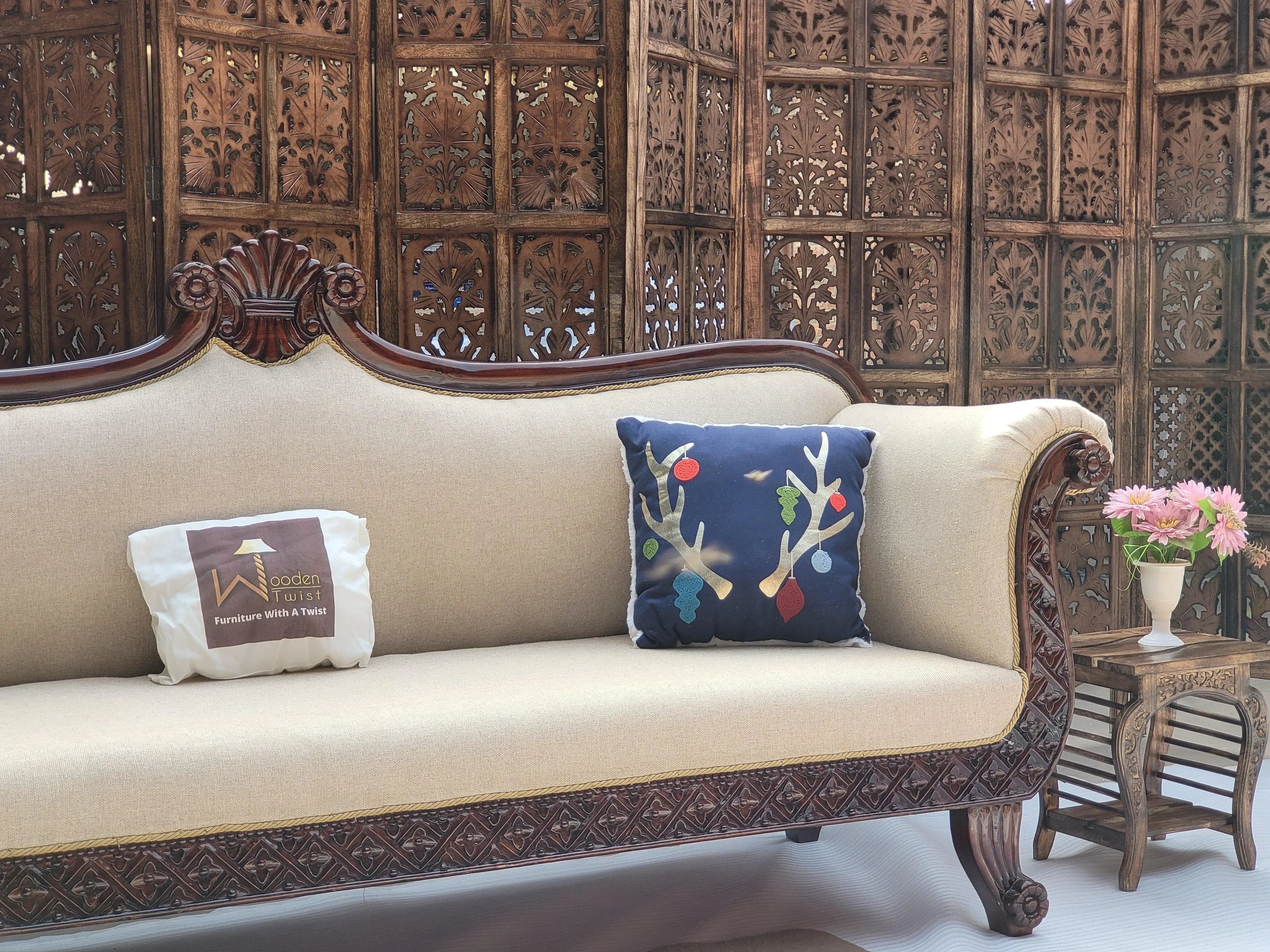 Traditional Wooden 3 Seater Couch for Home & Office Chaise Lounge Settee (Teak Wood) - WoodenTwist