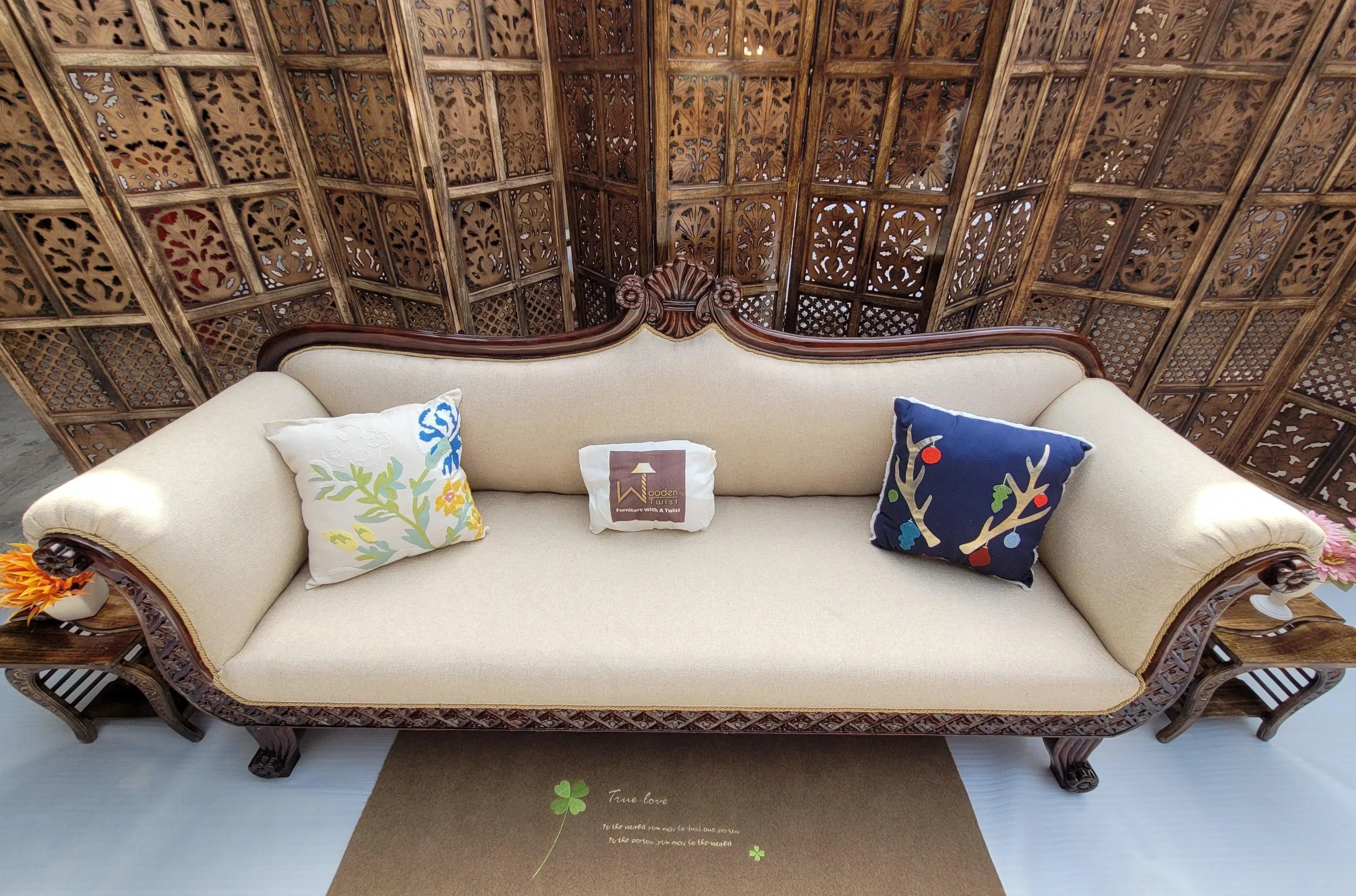 Traditional Wooden 3 Seater Couch for Home & Office Chaise Lounge Settee (Teak Wood) - WoodenTwist