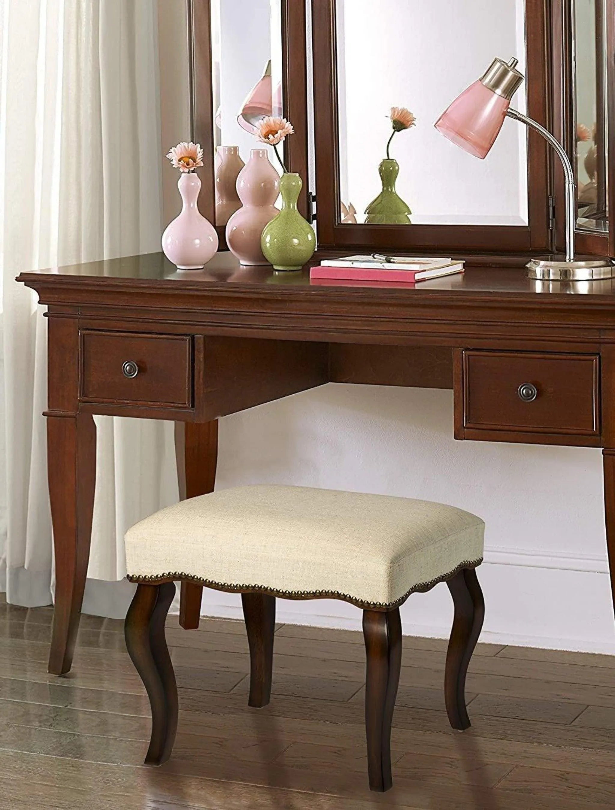 Teak Wood Backless Vanity Stool with Nail Head Trim - Wooden Twist UAE