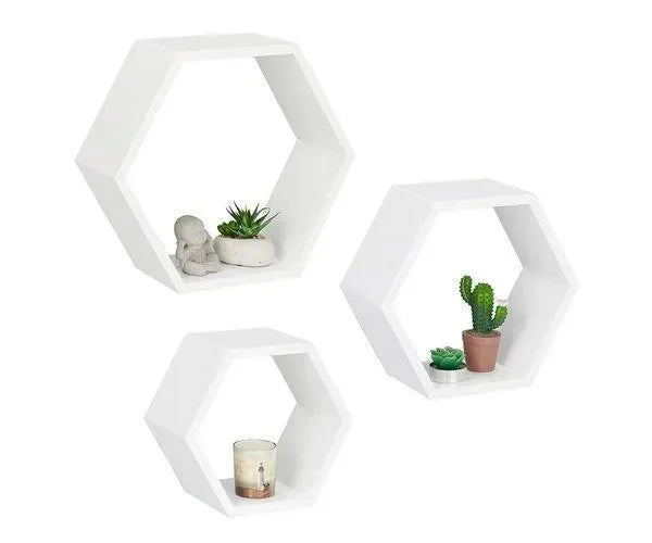Hexagonal Shape Wooden Floating Wall Shelves Set of 3 - Wooden Twist UAE