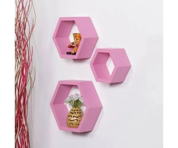 Hexagonal Shape Wooden Floating Wall Shelves Set of 3 - Wooden Twist UAE