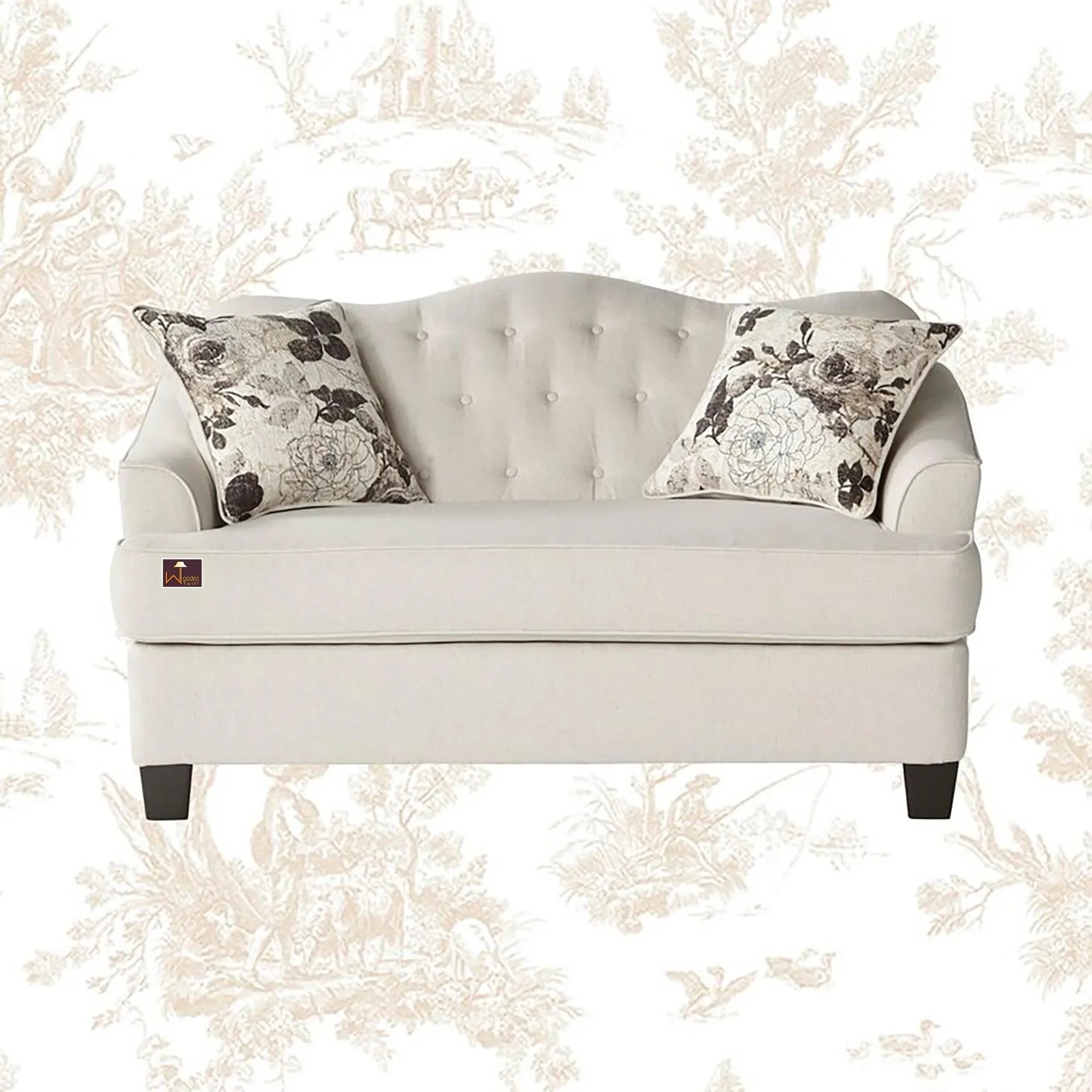 Wooden Recessed Arm Loveseat Sofa 2 Seater, Beige (Walnut Legs) - Wooden Twist UAE