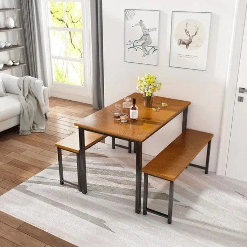 Wooden Twist Modern 4 Person Breakfast Nook Dining Table Set with Bench Engineered Wood and Metal Legs