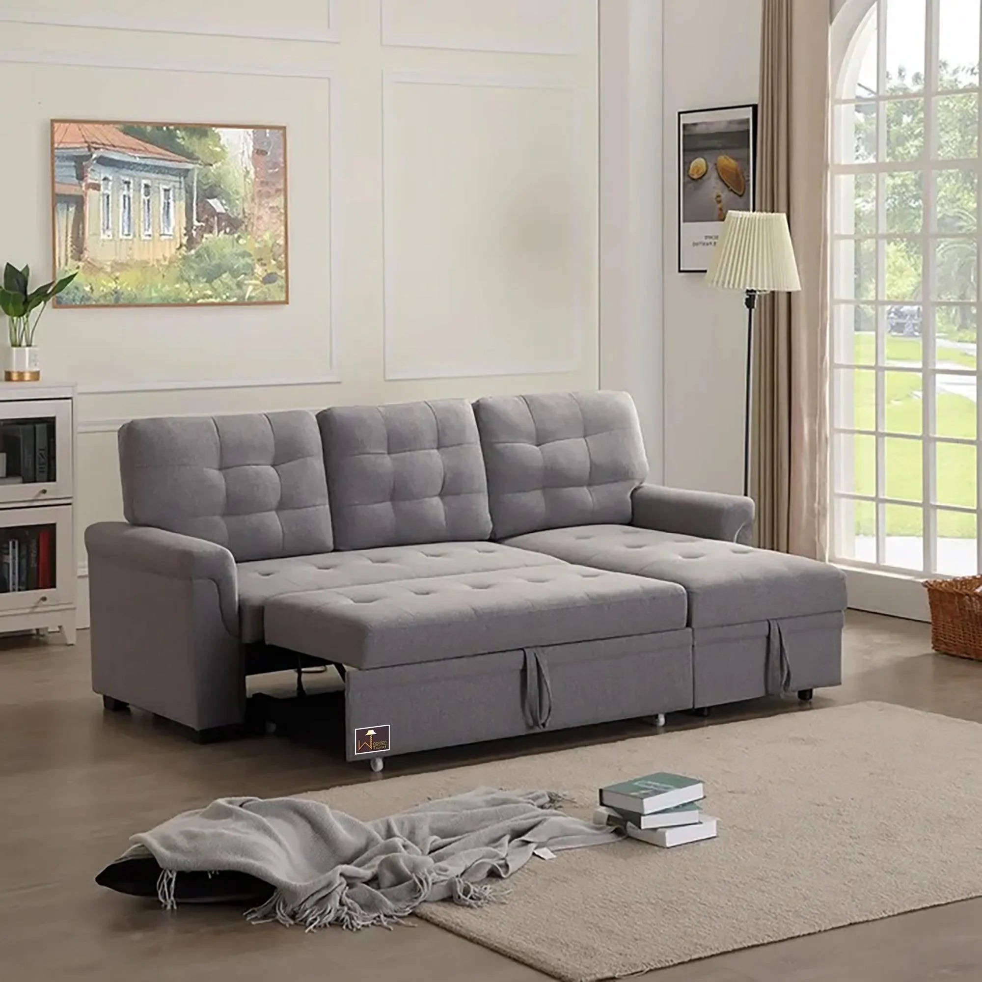 Modern 5 Seater L-Shape Sofa Cum Bed with Comfort Cushion - Wooden Twist UAE