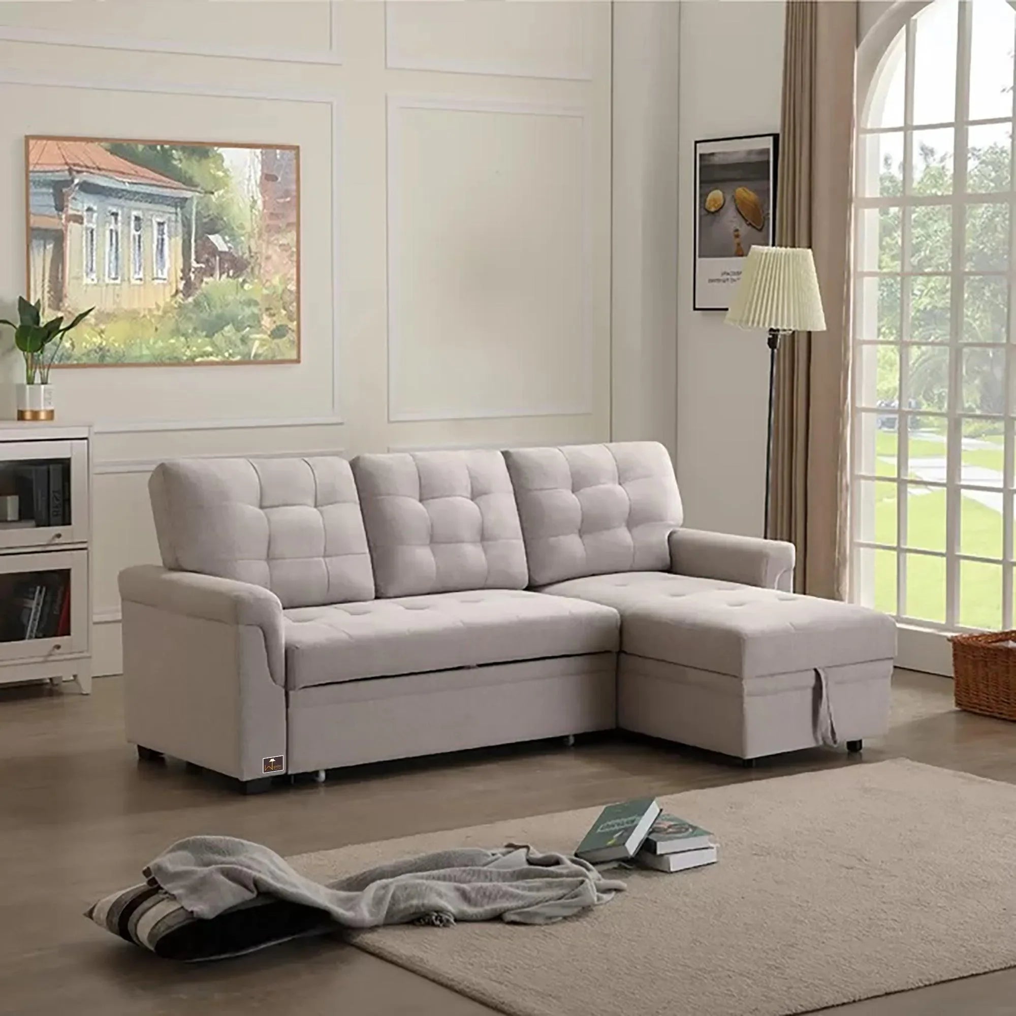 Modern 5 Seater L-Shape Sofa Cum Bed with Comfort Cushion - Wooden Twist UAE