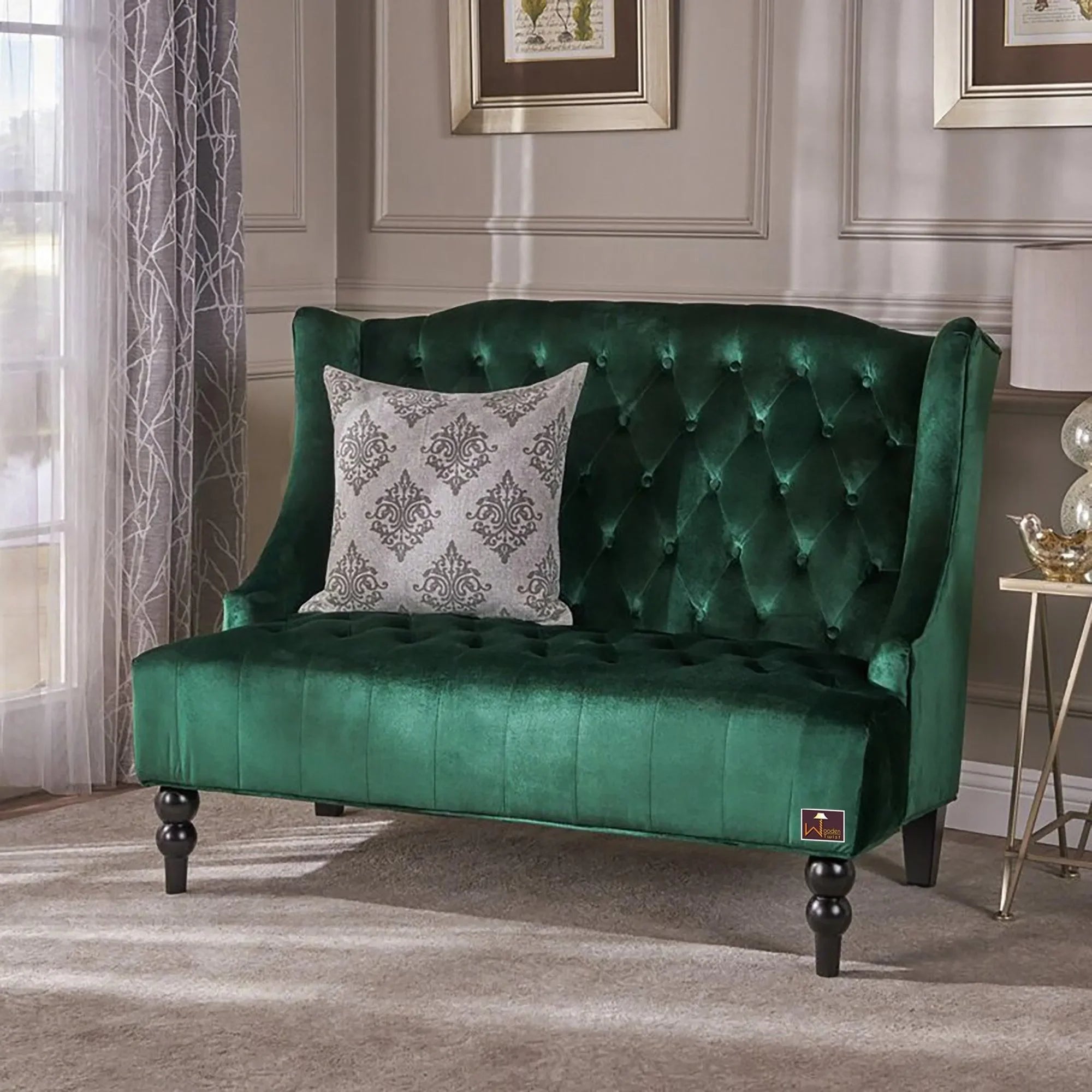 Wooden Recessed Arm Loveseat Bench (2 Seater, Dark Green) - Wooden Twist UAE
