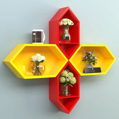 Wooden Pared Hexagon Floating Wall Shelf with 4 Shelves - Wooden Twist UAE