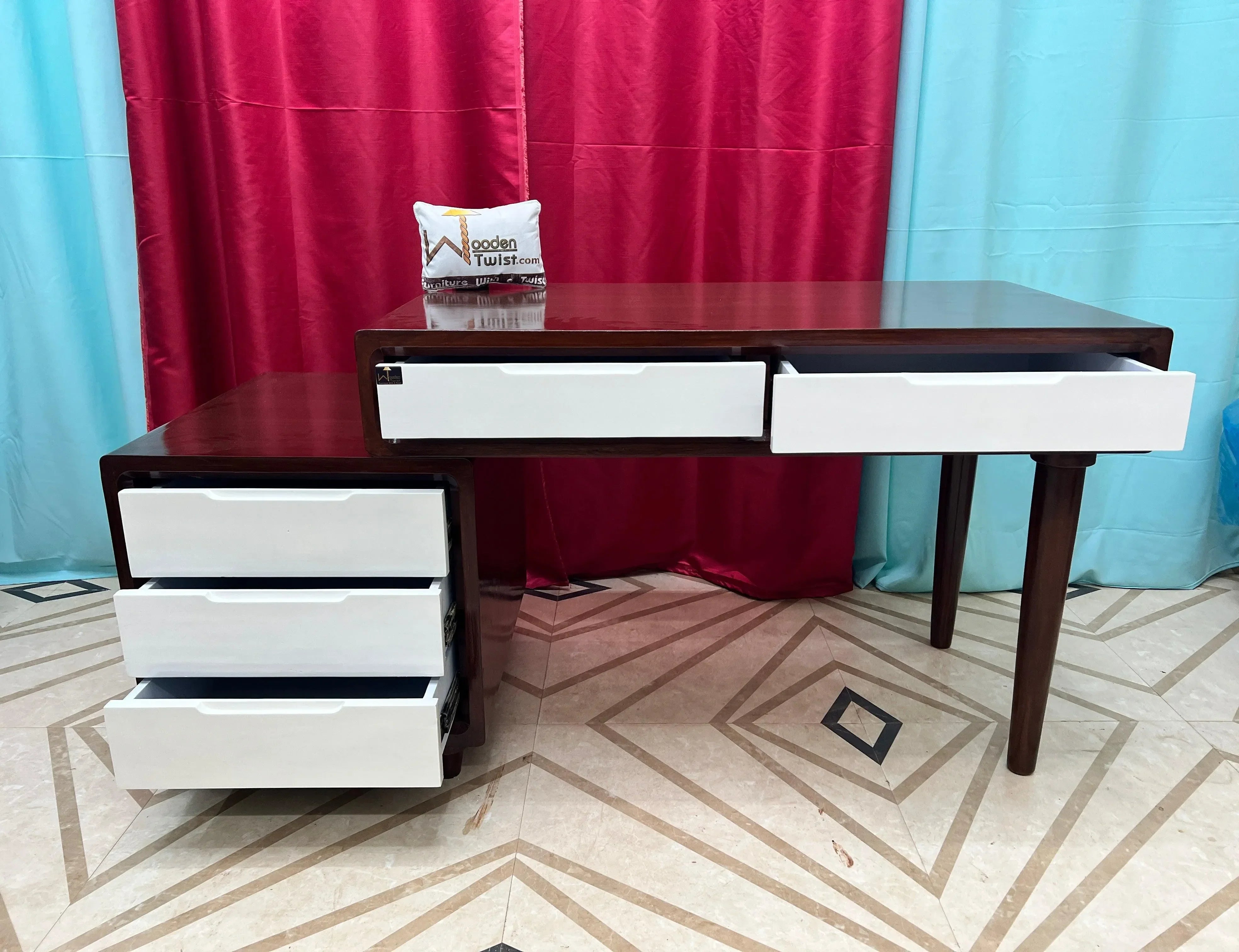 Wooden Twist Mesa Study Table with 5 Drawers Teak Wood Walnut Finish ( Brown & White ) - Wooden Twist UAE