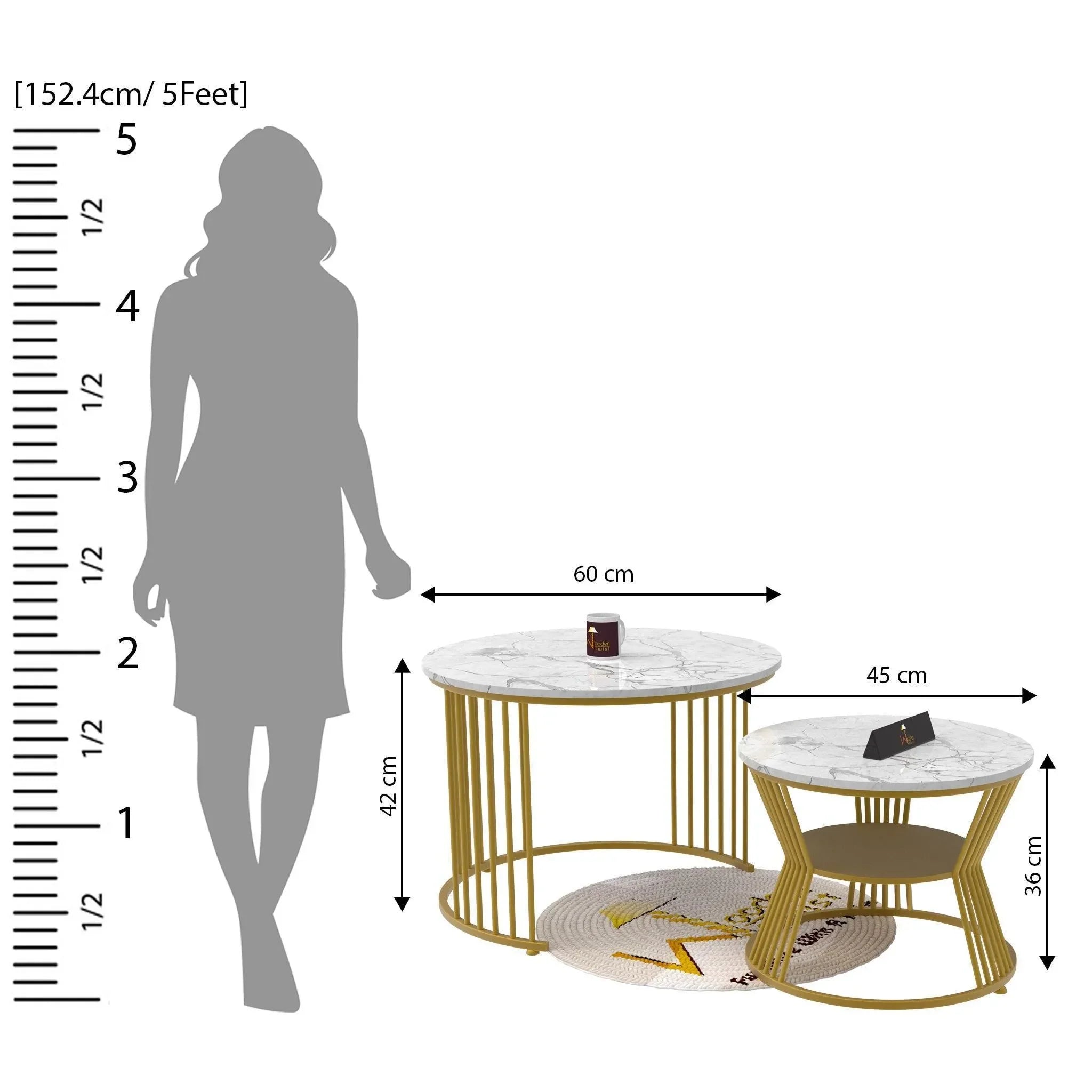 Wooden Twist Stylish Look Round Wrought Iron Coffee Table Set of 2 ( Golden ) - Wooden Twist UAE