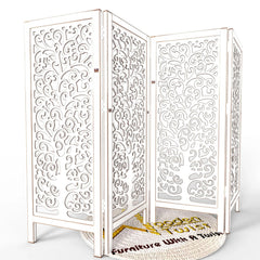 Low Height Solid Wood Room Divider Separator Wooden Partition 4 Panel ( Antique White ) - Wooden Twist UAE