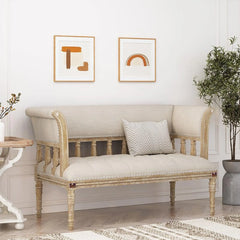 Wooden Flared Arm Loveseat Bench for Living Room Comfort for Backrest (2 Seater, Beige) - Wooden Twist UAE