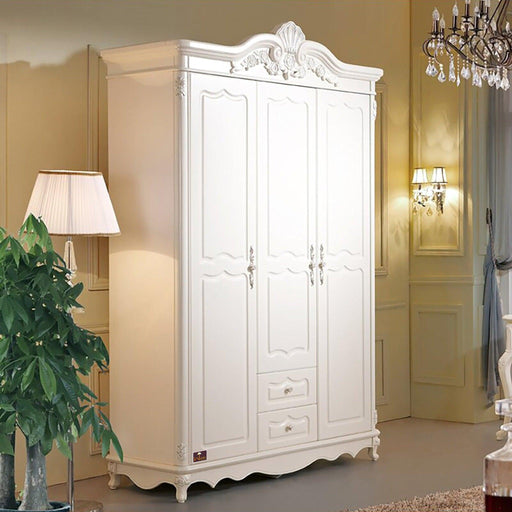 Hand Carved Premium Teak Wood 3 Door Wardrobe (Antique White Finish) - Wooden Twist UAE
