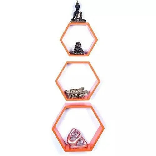 Hexagonal Shape Wooden Floating Wall Shelves Set of 3 - Wooden Twist UAE