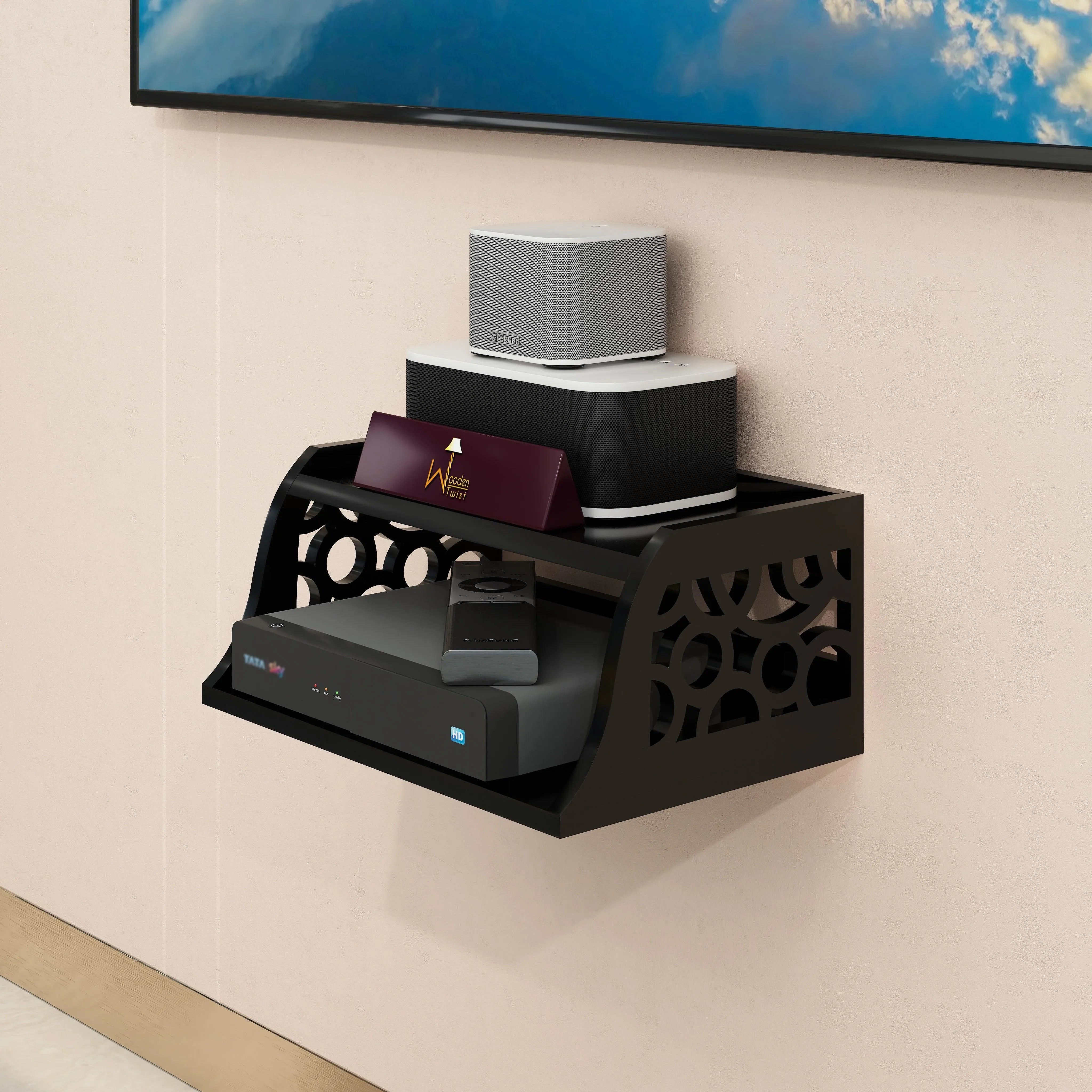 Wooden Set Top Box Wall Shelf for Setup Box WiFi Router | AC Remote Stand Wall Mounted Shelves - Wooden Twist UAE