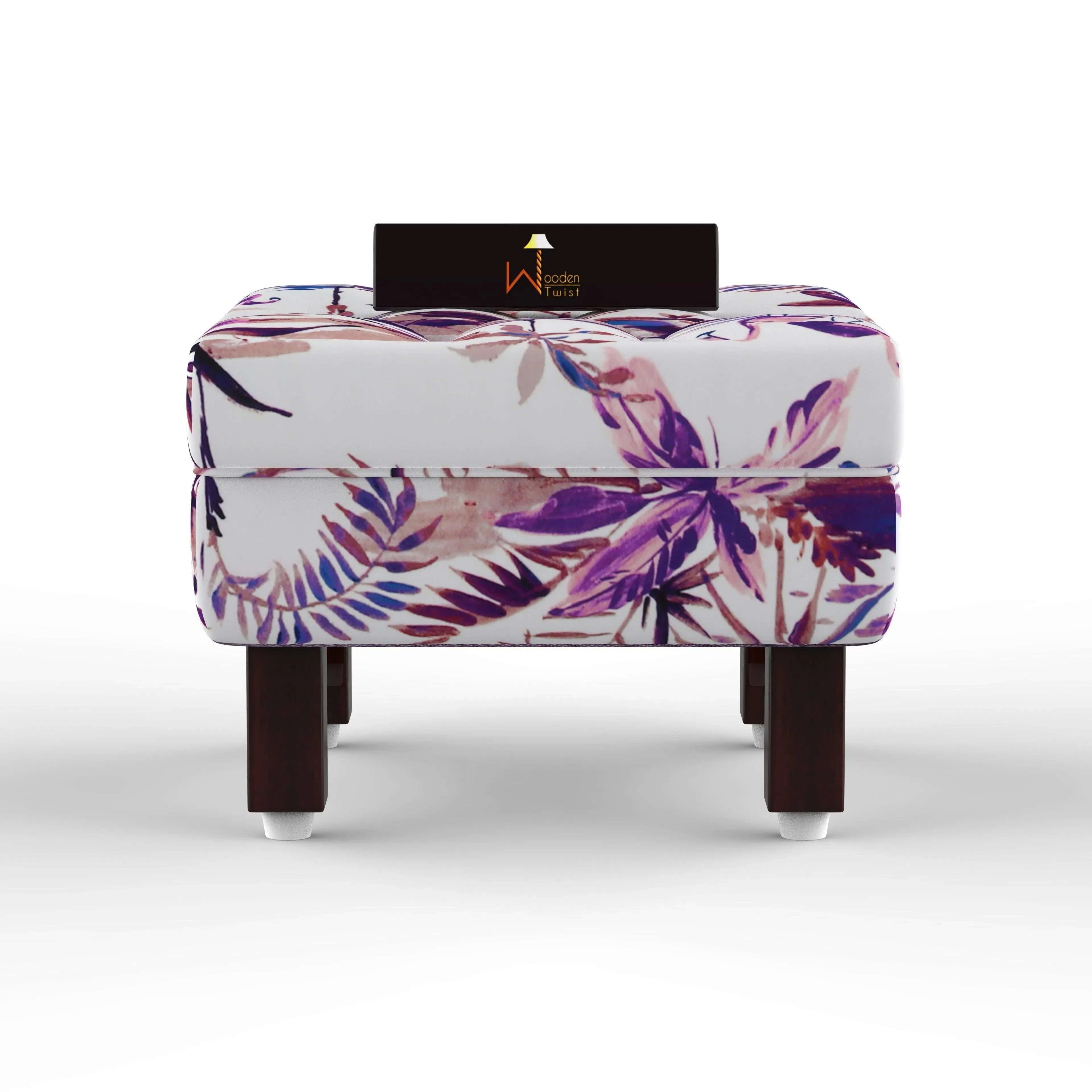 Reposa Floral Print Wooden Cushioned Footrest Stool (Walnut Legs) - Wooden Twist UAE