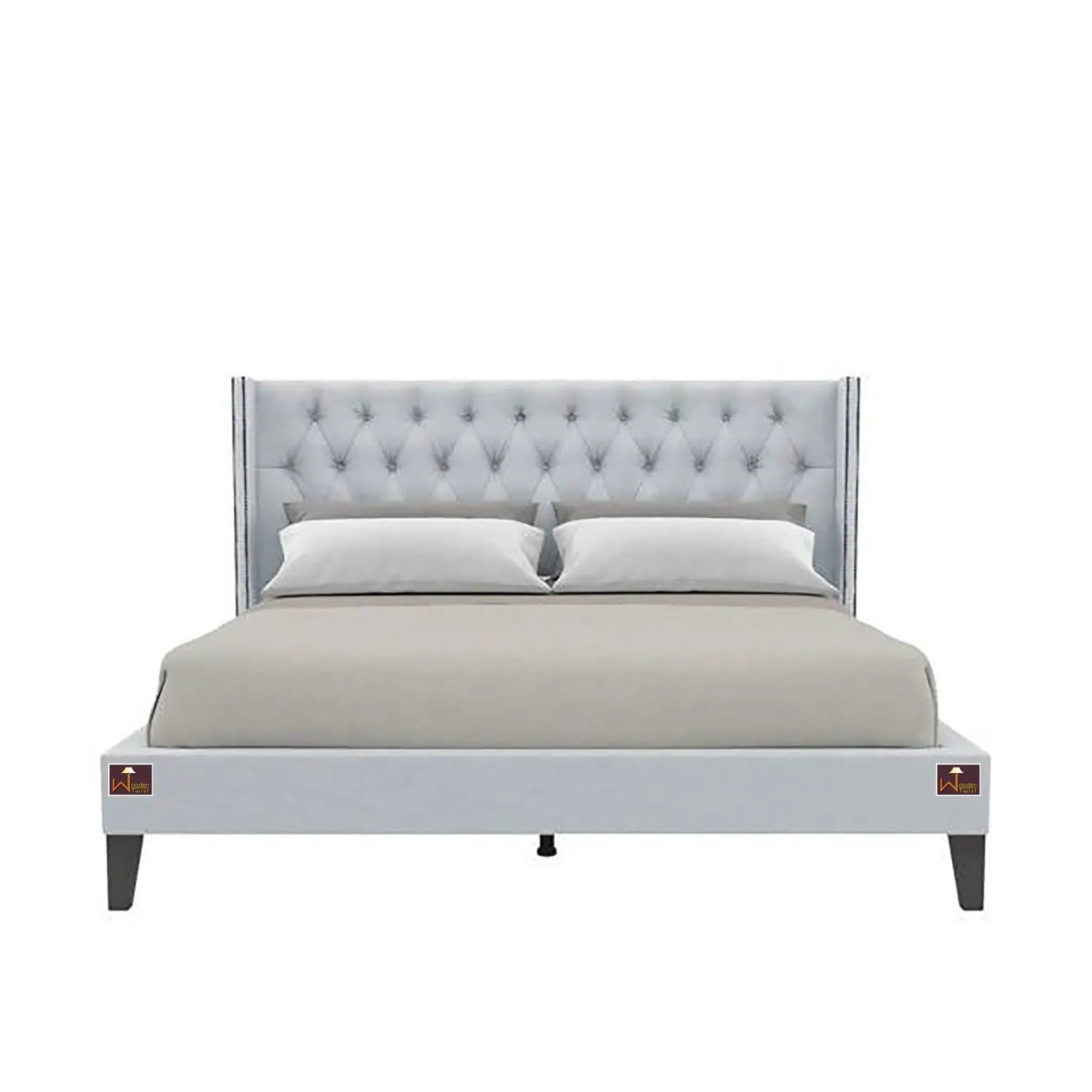 Upholstered Panel Bed Frame with Diamond Tufted and Nailhead Trim Wingback Headboard - Wooden Twist UAE