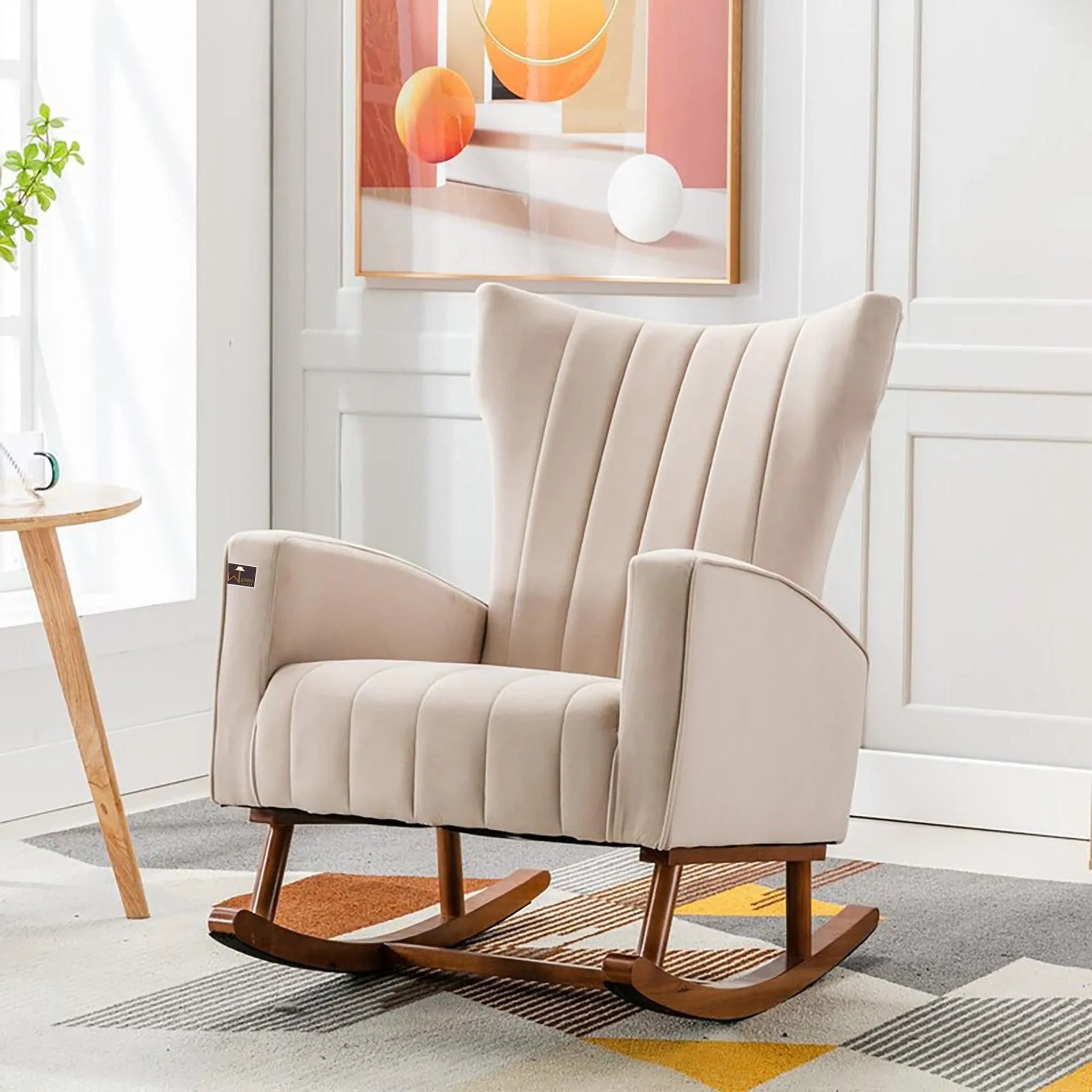Wooden Velvet Accent Rocking Chair (Beige) - Wooden Twist UAE