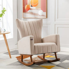 Wooden Velvet Accent Rocking Chair (Beige) - Wooden Twist UAE