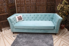 Designer Velvet Rolled Arm Chesterfield Sofa (3 Seater Sky Blue) - Wooden Twist UAE