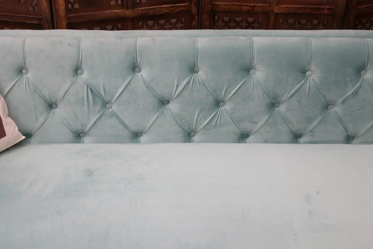 Designer Velvet Rolled Arm Chesterfield Sofa (3 Seater Sky Blue) - Wooden Twist UAE