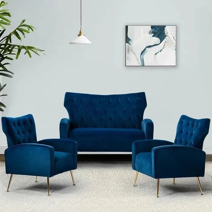 Wooden Square Arm Loveseat Wing Back Chair Set 2+1+1 (Metal Legs) - Wooden Twist UAE