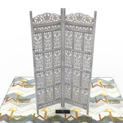 Carved Wood Room Divider Screen Antique White Wash Rustic Finish - Wooden Twist UAE