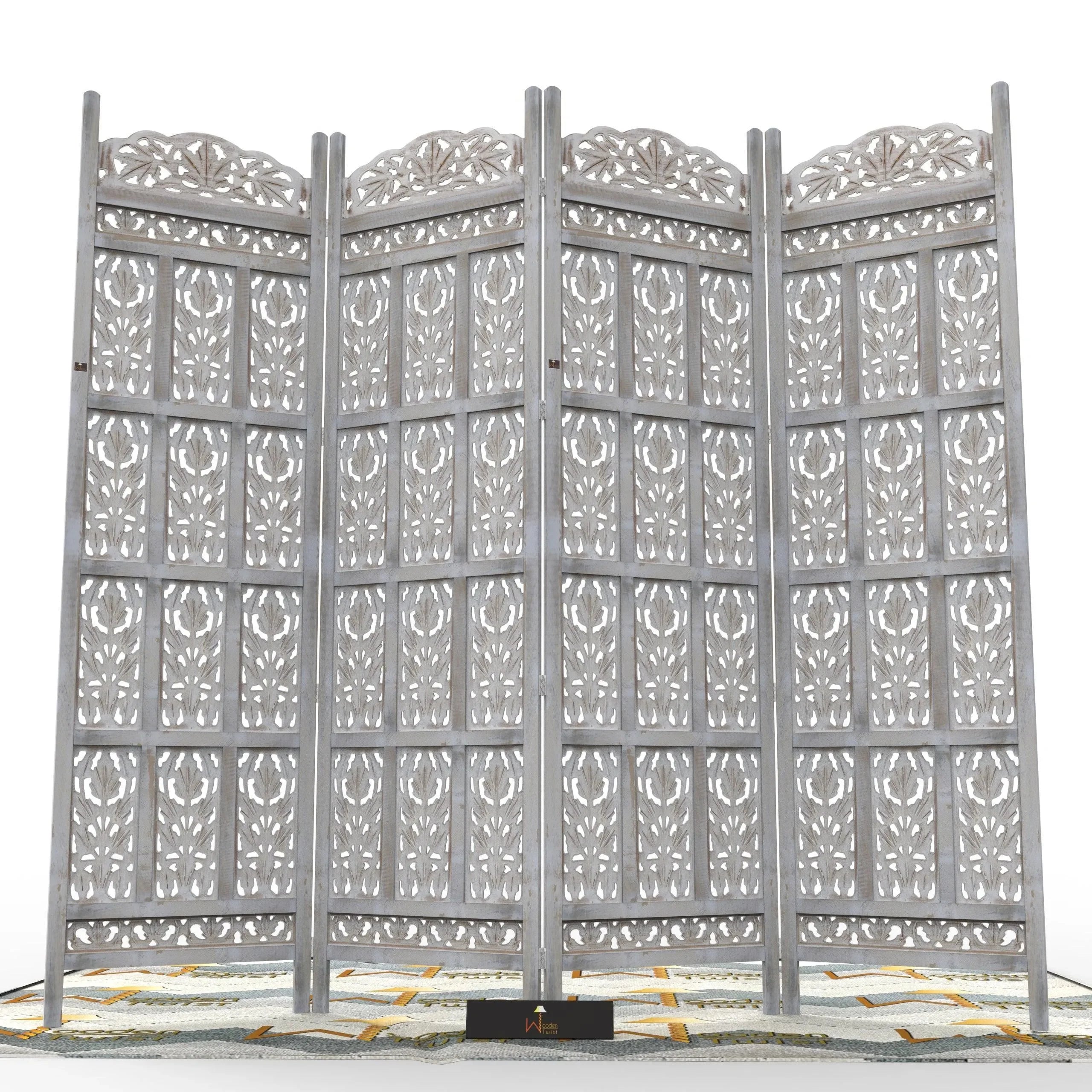 Carved Wood Room Divider Screen Antique White Wash Rustic Finish - Wooden Twist UAE