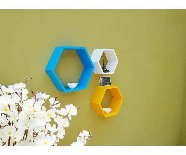 Hexagonal Shape Wooden Floating Wall Shelves Set of 3 - Wooden Twist UAE