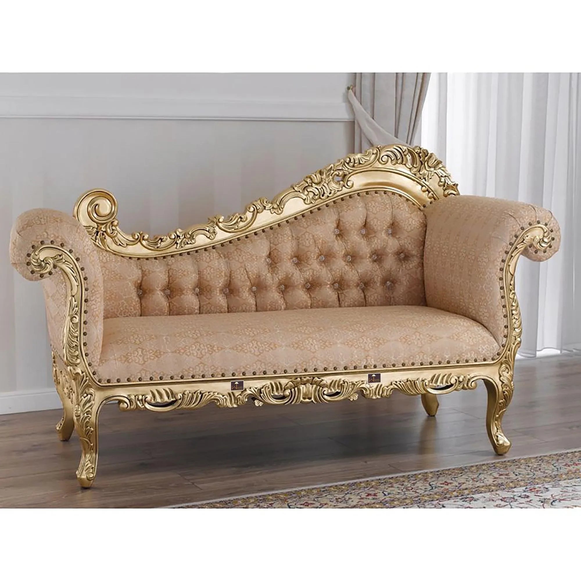 Hand Carved Barock Stil Chaise Longue Sofa Champagner Crystal Teak Wood ( Gold Leaf Damask Fabric ) - Wooden Twist UAE