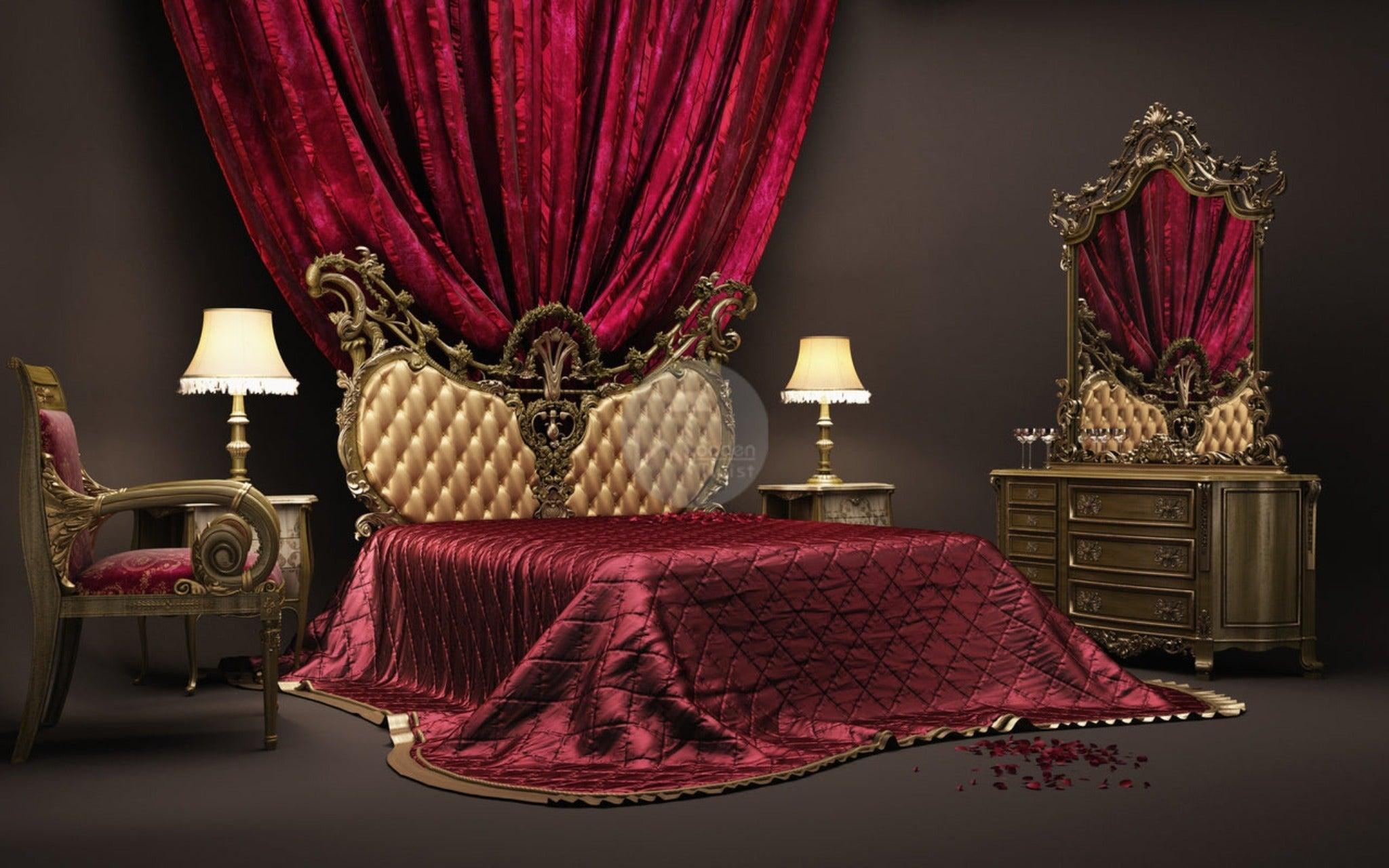 Teak wood carved king size bed with matching side tables for a UAE master bedroom — Wooden Twist UAE