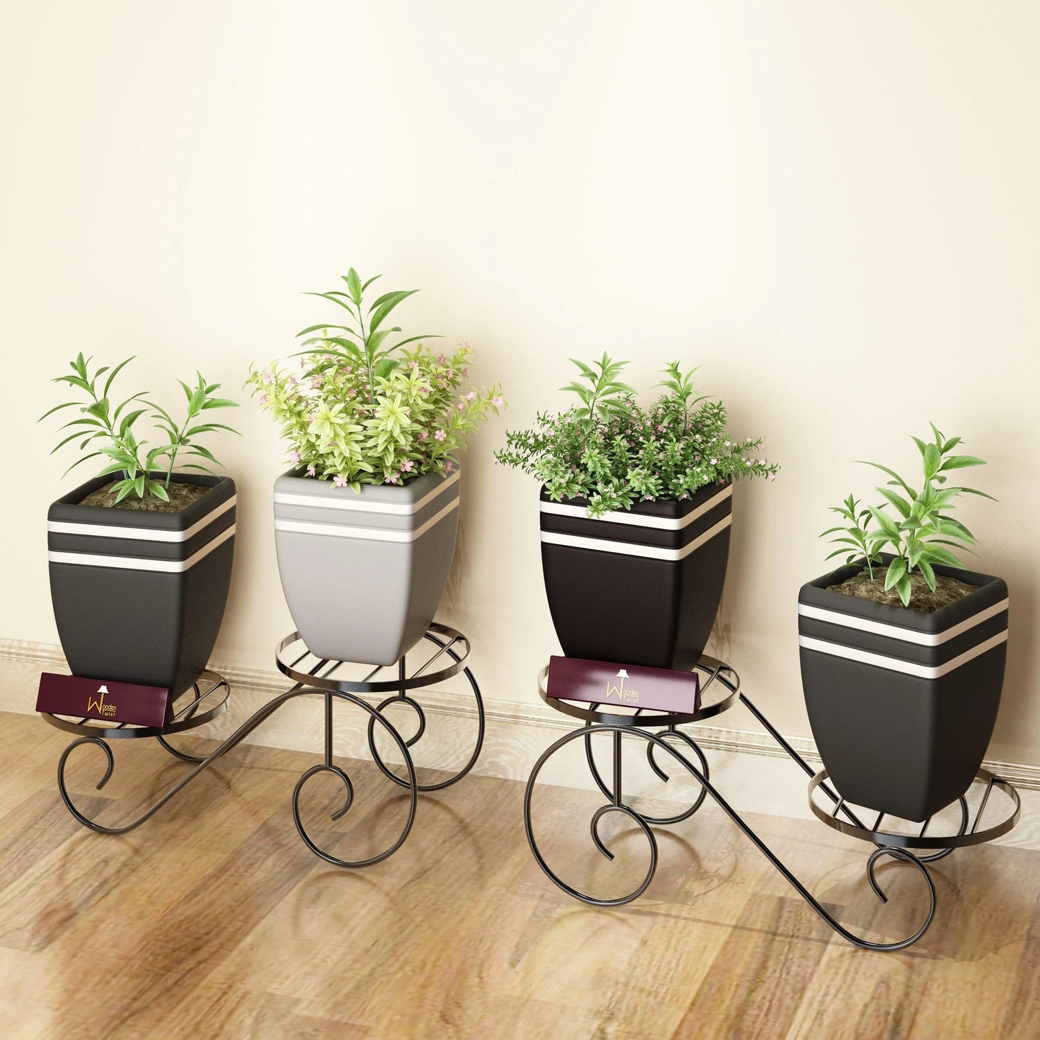 Wooden Twist 2-Tier Wrought Iron Planter Stand (Set of 2)
