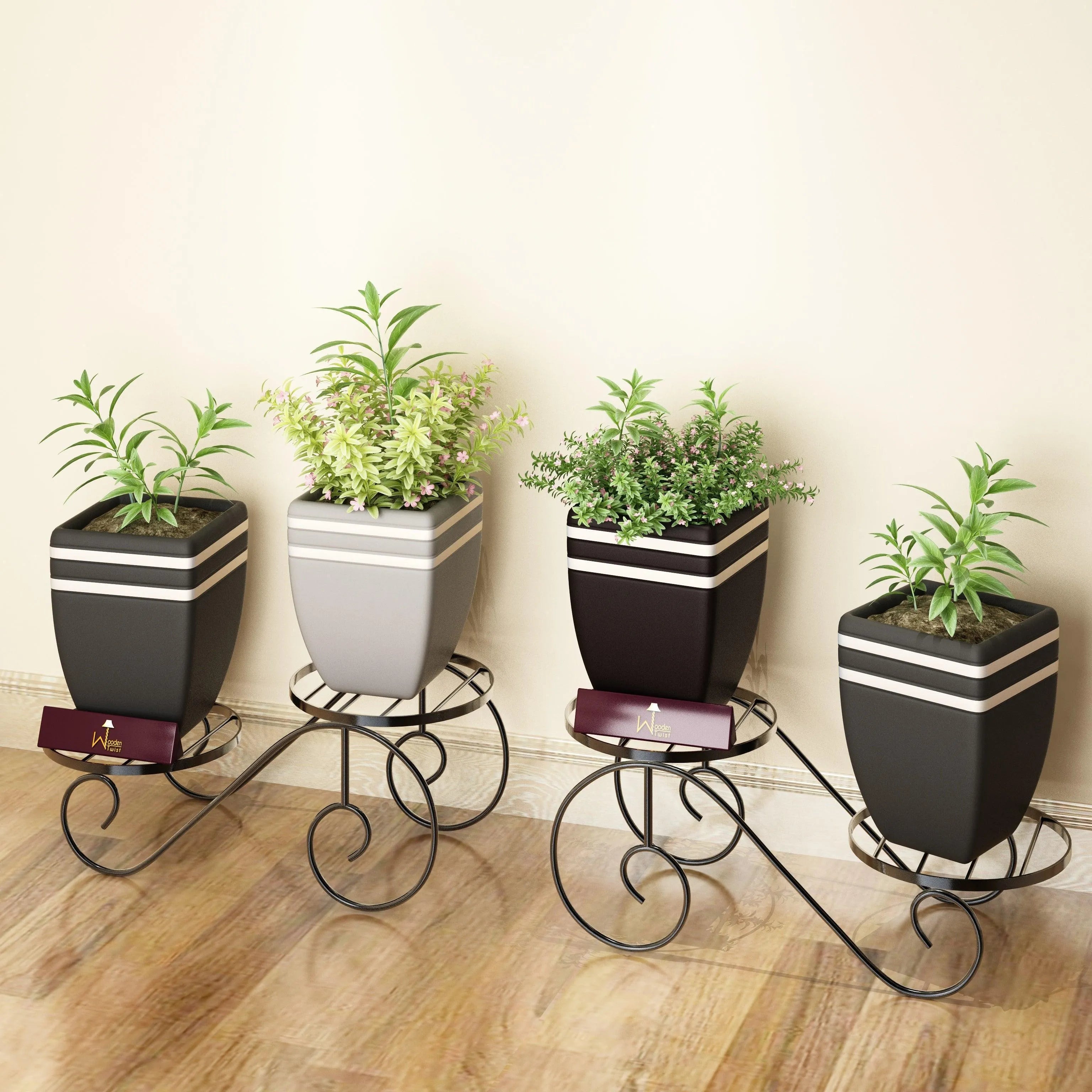 Wooden Twist 2-Tier Wrought Iron Planter Stand (Set of 2)